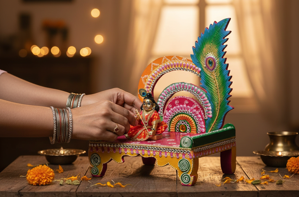 Divine Festive Décor: Handcrafted Wooden Jhula for Bal Gopal – A Celebration of Devotion & Art