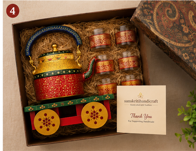 Luxury Hand Painted Tea Kettle Set with 4 Glass Cups – Traditional Indian Handmade Tea Serving Set - Image 3