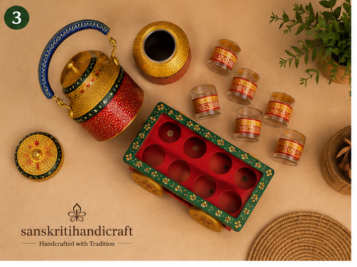 Luxury Hand Painted Tea Kettle Set with 4 Glass Cups – Traditional Indian Handmade Tea Serving Set - Image 2