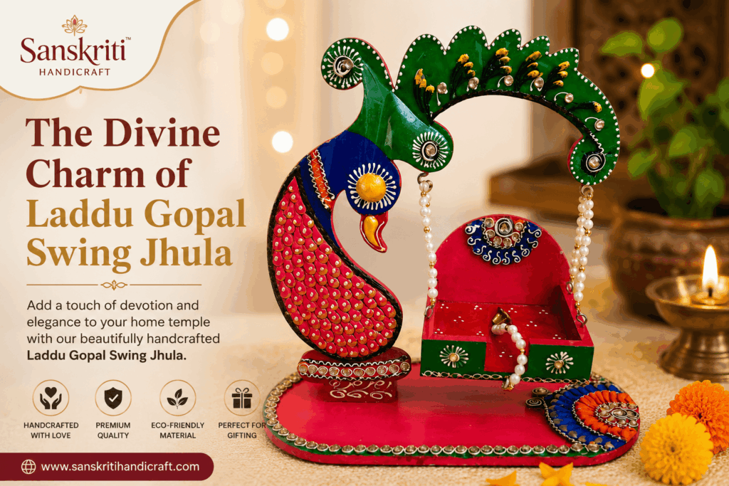 Handcrafted Wooden Laddu Gopal Swing Jhula with Kundan Work – A Divine Addition to Your Home Temple Handcrafted Wooden Laddu Gopal Swing Jhula with Peacock Design and Premium Kundan Work for Home Temple Decoration