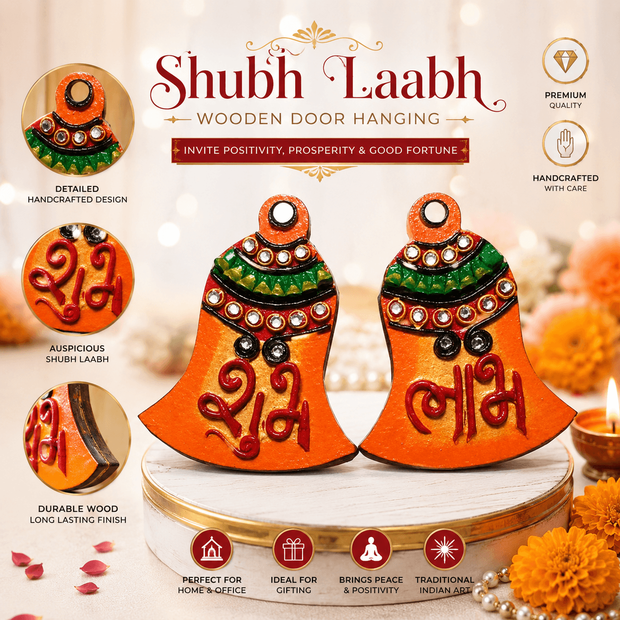 Wooden Shubh Laabh Door Hanging | Handmade Auspicious Home Decor | Decorative Wall Hanging for Diwali, Housewarming & Office Entrance