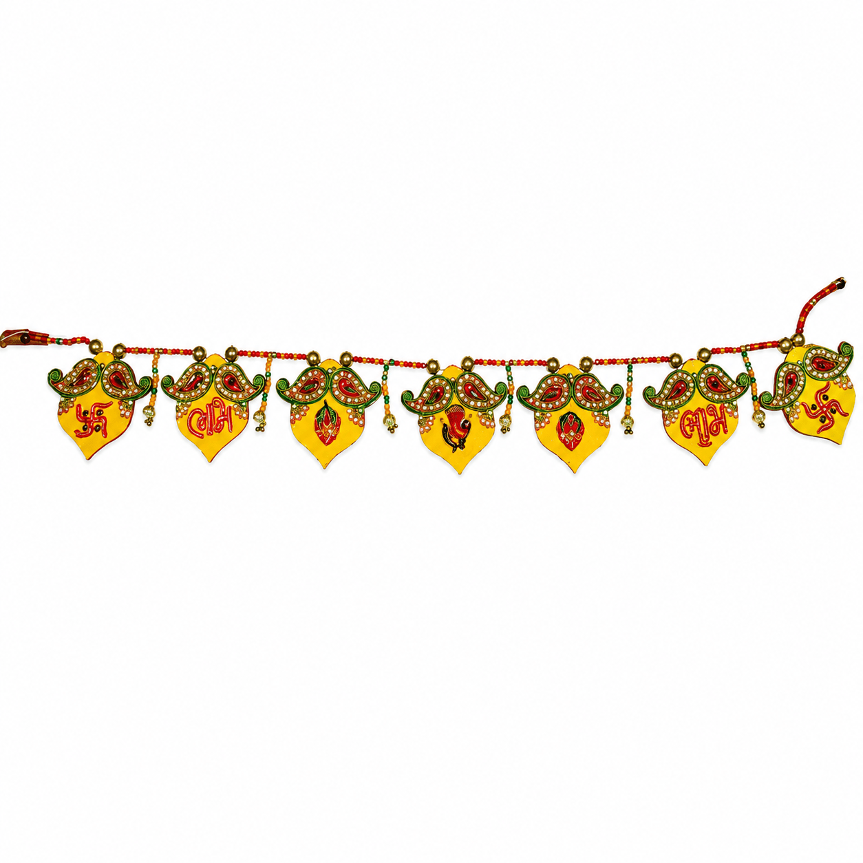 Handmade Wooden Shubh Labh Bandarwal Toran for Main Door | Decorative Door Hanging with Kundan & Beads | Auspicious Wall Decor for Home Entrance, Diwali, Housewarming & Pooja