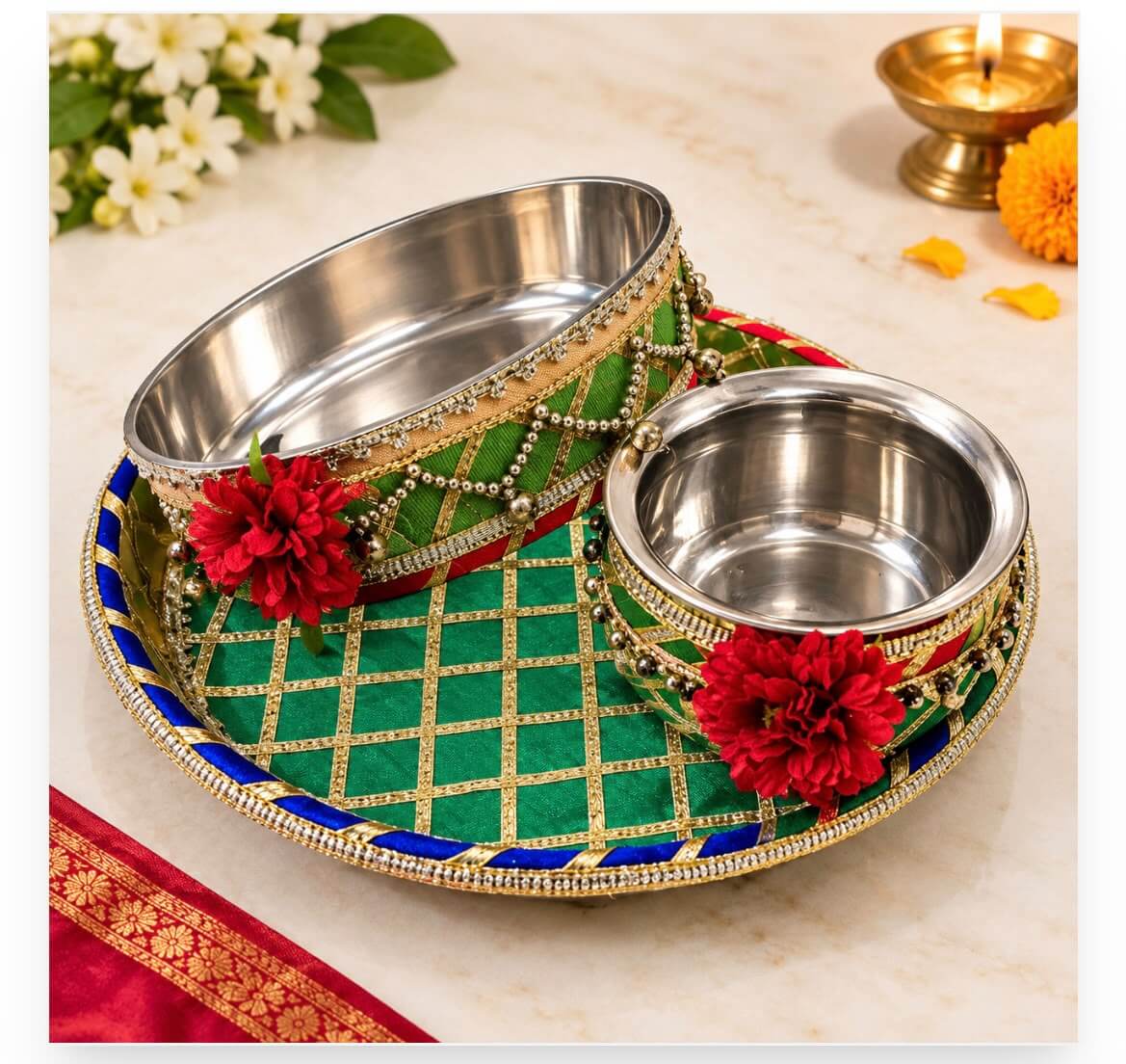 Designer Karwa Chauth Thali Set with Kalash & Chalni – Red Velvet Bling Work Pooja Thali with Beads, Ghungroo & Pearl Latkans | Wedding Return Gift - Image 2