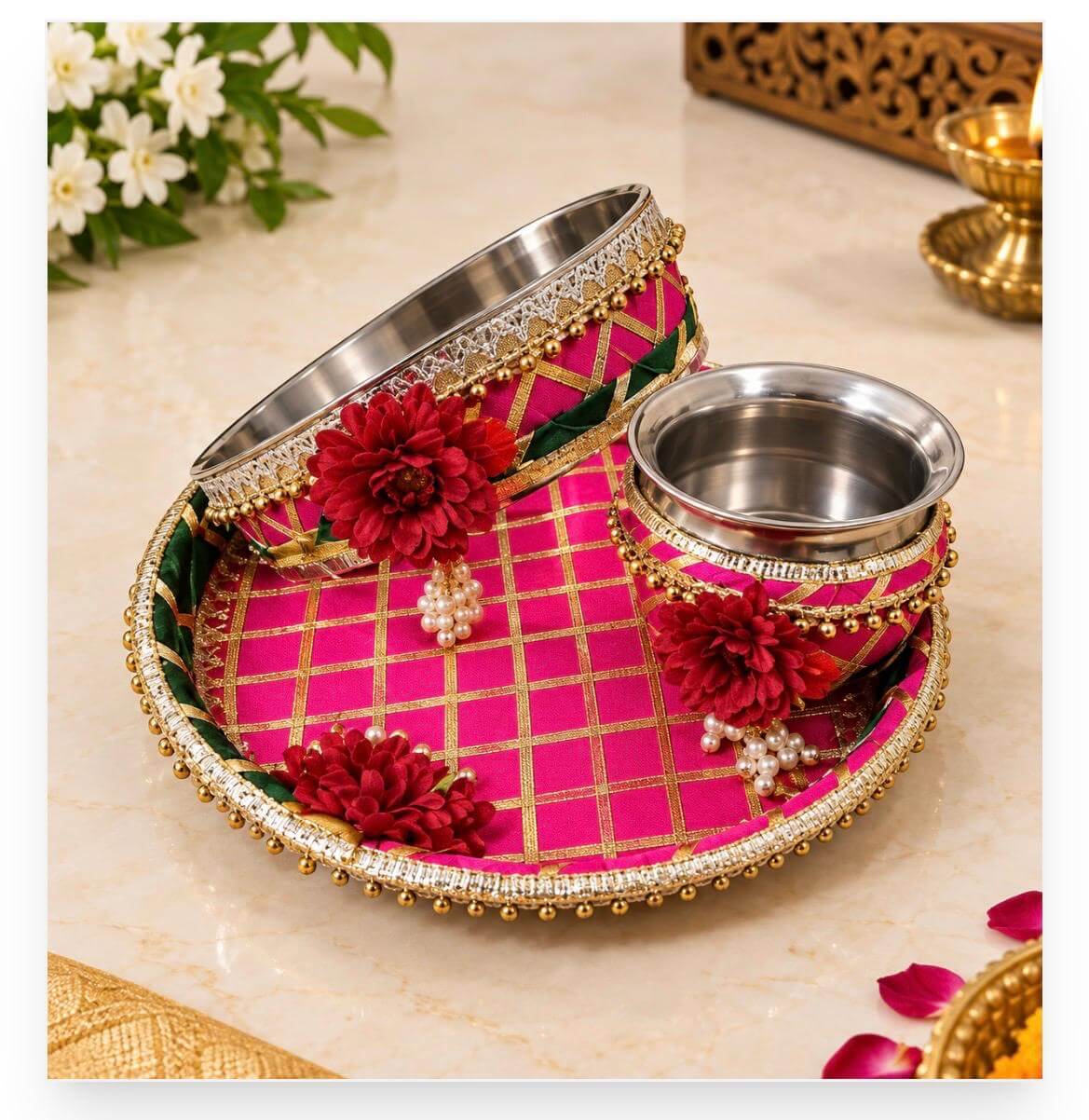 Designer Karwa Chauth Thali Set with Kalash & Chalni – Red Velvet Bling Work Pooja Thali with Beads, Ghungroo & Pearl Latkans | Wedding Return Gift - Image 3